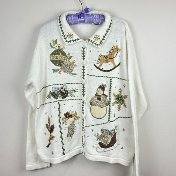 B P Design Cotton Ramie Neutral Embroidered Christmas Sweater Size Large - Picture 4 of 14